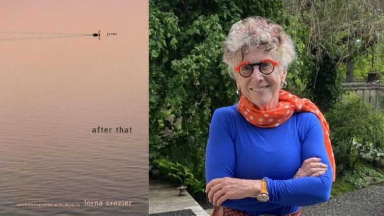 Después, de Lorna Crozier. Portada del libro que fotografía un cuerpo de agua con la silueta de un cisne nadando a lo lejos. Retrato del poeta de pelo corto gris y vestido con un top azul brillante.