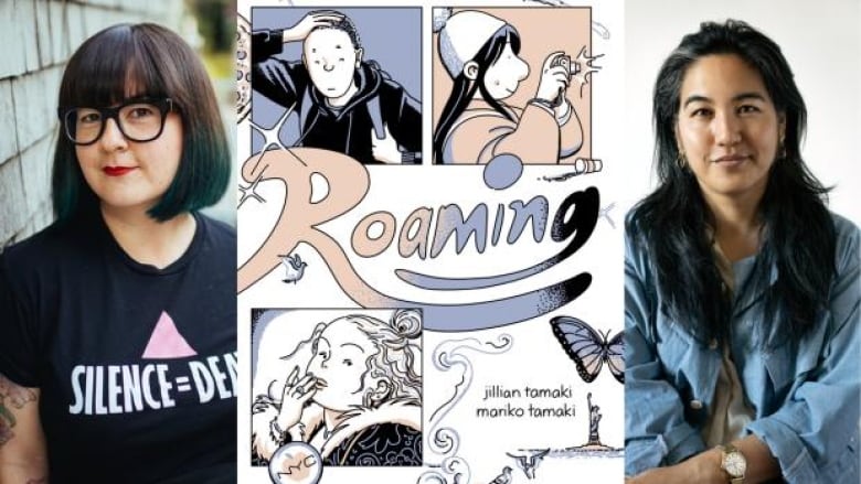 Deambulando por Jillian Tamaki y Mariko Tamaki. La portada del libro ilustrada presenta a 3 personajes principales, una mariposa y la Estatua de la Libertad a lo lejos. Retrato de dos escritores e ilustradores.