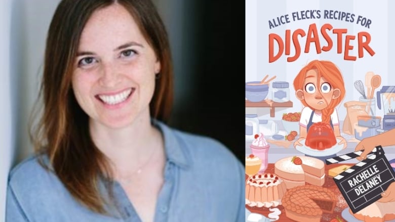 Una mujer caucásica con cabello castaño y pecas sonríe a la cámara.Portada de un libro de dibujos animados de una niña pelirroja en medio de la cocina, rodeada de comida