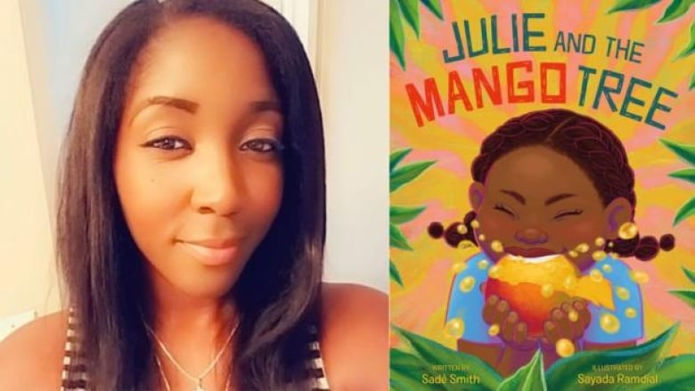 Mujer negra con cabello negro largo y recto mirando a la cámara. Portada de libro ilustrada de una niña negra mordiendo un mango.