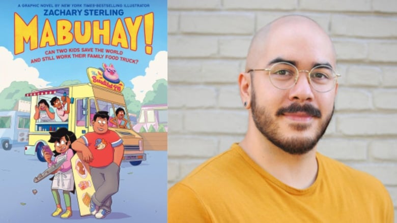 La portada de un libro con dos niños en la portada frente a un camión de comida. Un hombre que llevaba gafas redondas con montura metálica y una camisa amarilla.