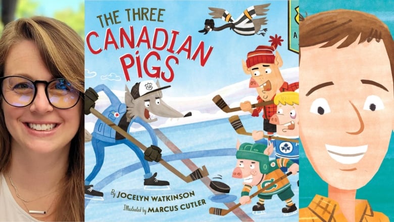 Una mujer blanca con gafas sonríe a la cámara. La portada de un libro muestra hockey de pago por evento con un lobo y tres cerdos. Hay un personaje de dibujos animados sonriente al frente.