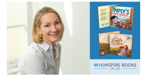 Foto de Cortney Cino, logotipo de Whimspire Books y portadas de libros para Piper's Pet Pursuit y The Lights That Stay