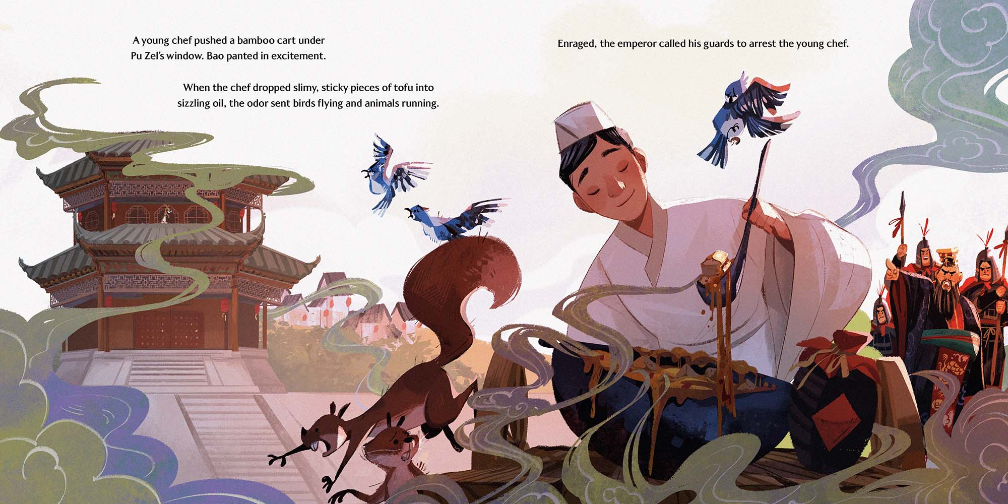 Un dibujo en un libro ilustrado muestra a un joven chef cocinando una gran olla de tofu apestoso, mientras pájaros y ardillas huyen del fuerte olor del plato.