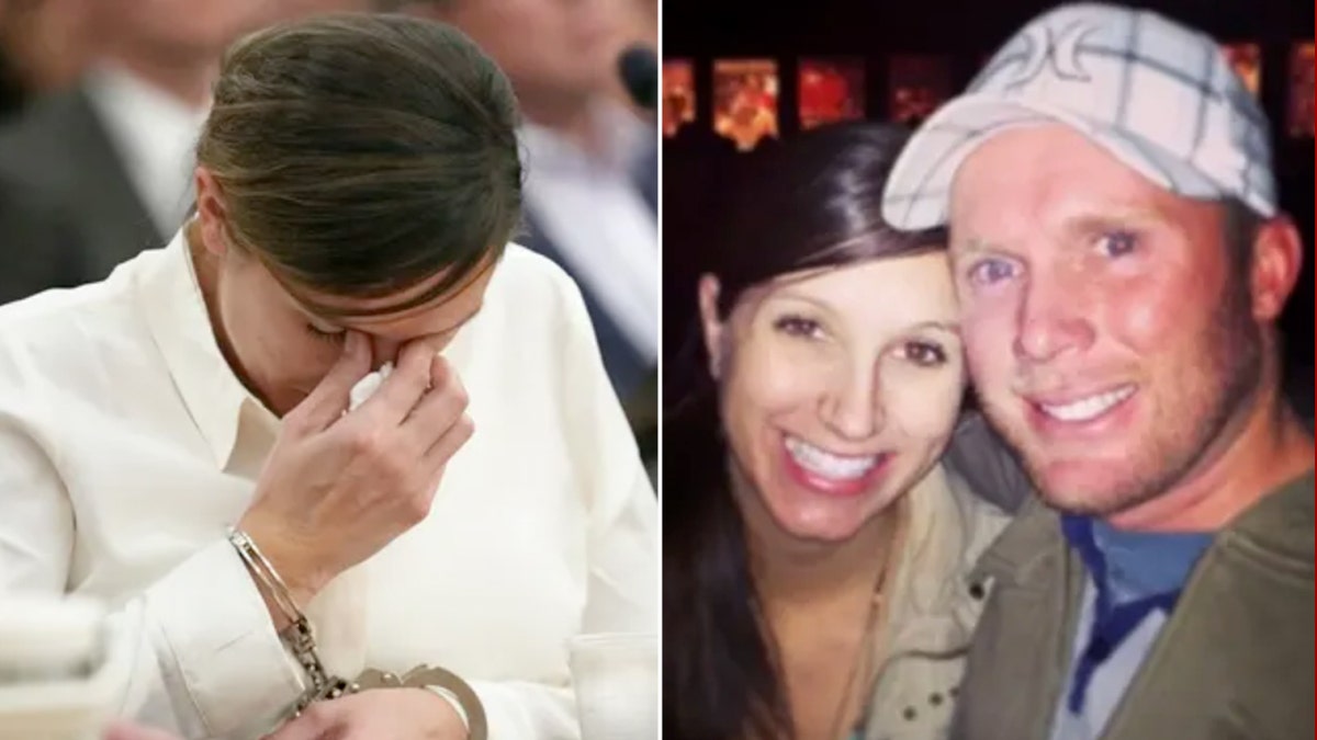 Imagen de Kouri Richins llorando en la corte y foto de Kouri Richins y su esposo Eric juntos