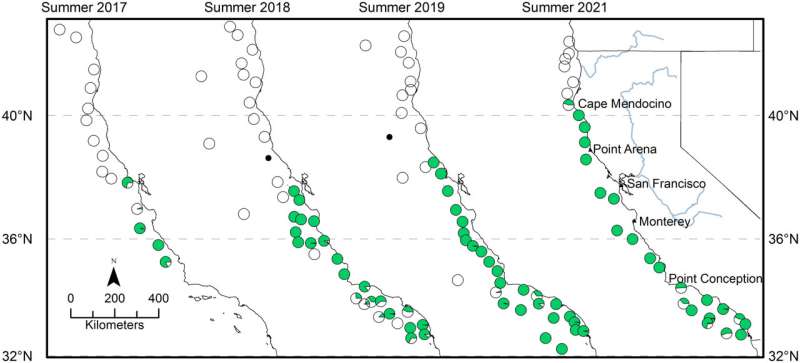 La proporción de grupos de rastreo en la parte norte de una biomasa de peces indicó en la tabla de pasteles verdes de la encuesta de ecosistemas actuales de California (CCE). Créditos: Actas de la Academia Nacional de Ciencias (2025). doi: 10.1073/pnas.2426011122 La deficiencia extensa de tiamina en el salmón de California está vinculada a una base de presas marinas dominadas por el pez