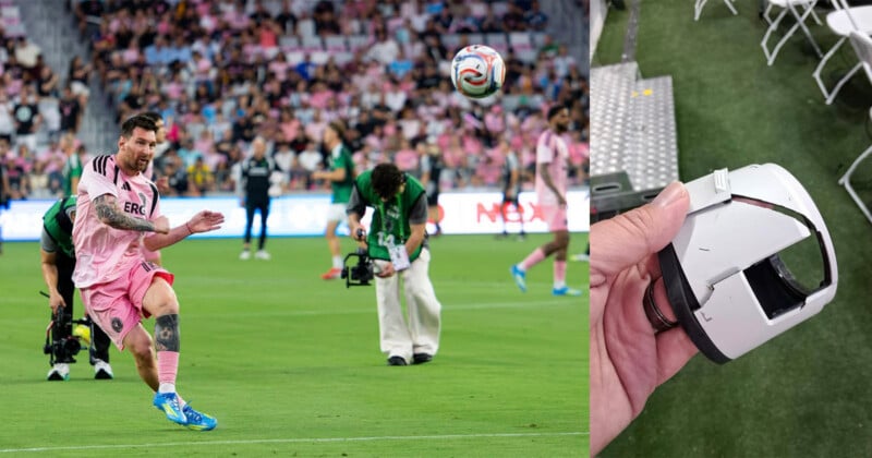Lionel Messi juega al fútbol durante un partido con fotógrafos de fondo. A la derecha, una mano sostiene una cámara rota que muestra grandes daños.