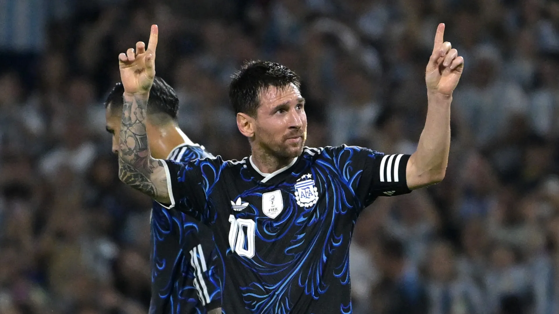 El argentino Lionel Messi celebra tras anotar contra Zambia.